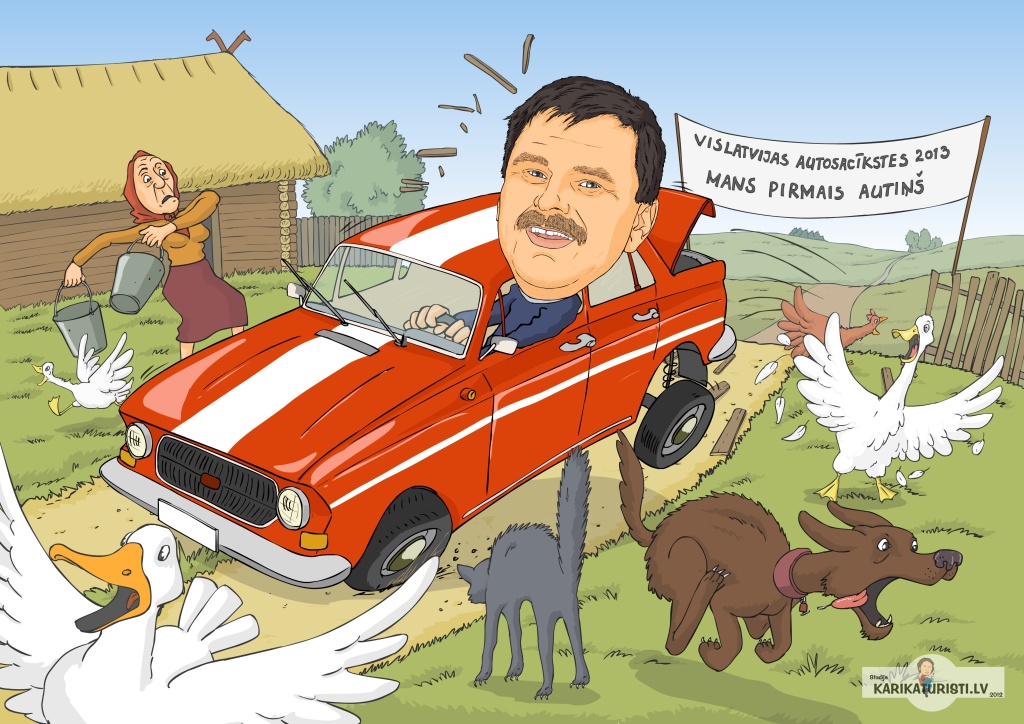 karikatūra kampaņa suņi kaķi pīles zosis mašīna auto sacīkšu Gados vecāki cilvēki saimniecība haoss laime